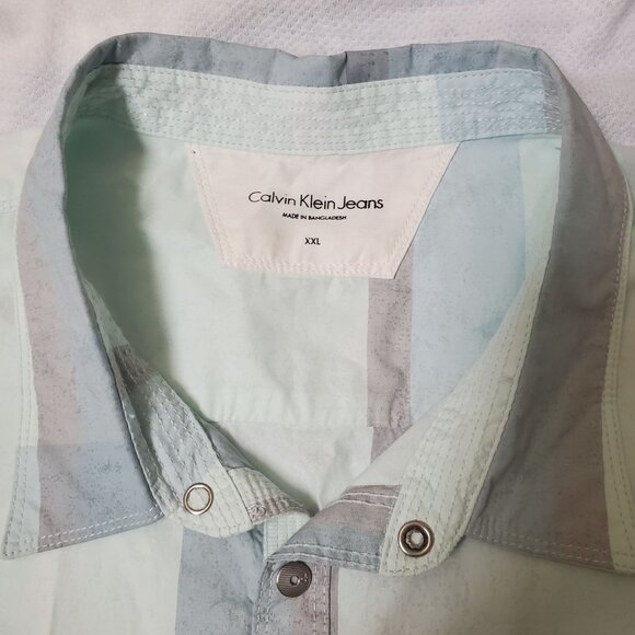 Calvin Klein Jeans Mens Windowpane Plaid Short Sleeve Shirt Light Blue/Multi XXL - Picture 7 of 11